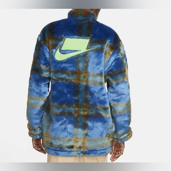 Blue & Green Oversized Faux Fur Plaid Button Front Pea Coat - Picture 2 of 16